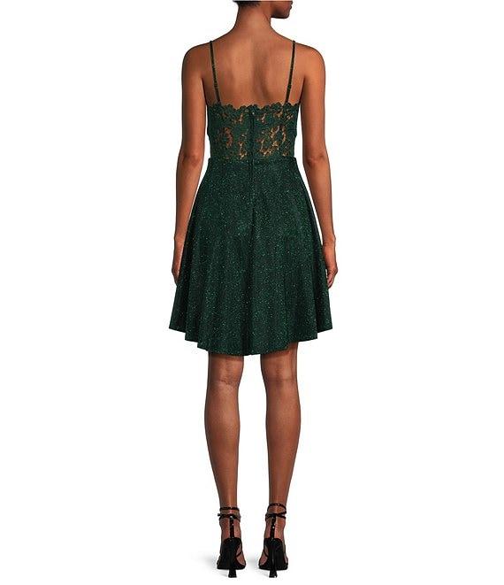 City Vibe Spaghetti Strap Glitter Lace Hi-Low Bodice Skirt Dress Product Image