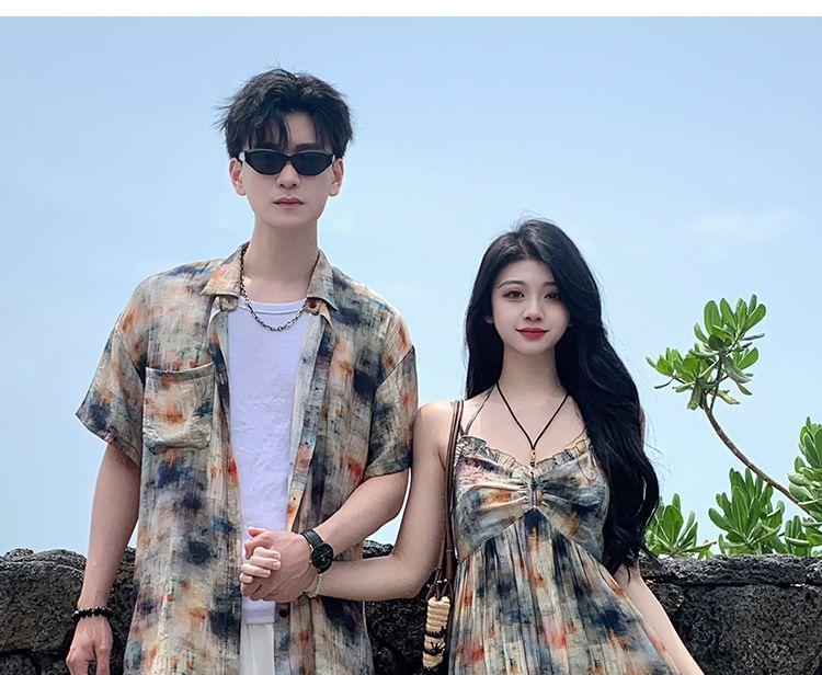 Couple Matching Short-Sleeve Collared Tie-Dye Button Up Shirt / Spaghetti Strap V-Neck Tie-Dye Maxi A-Line Dress / Plain Shorts Product Image