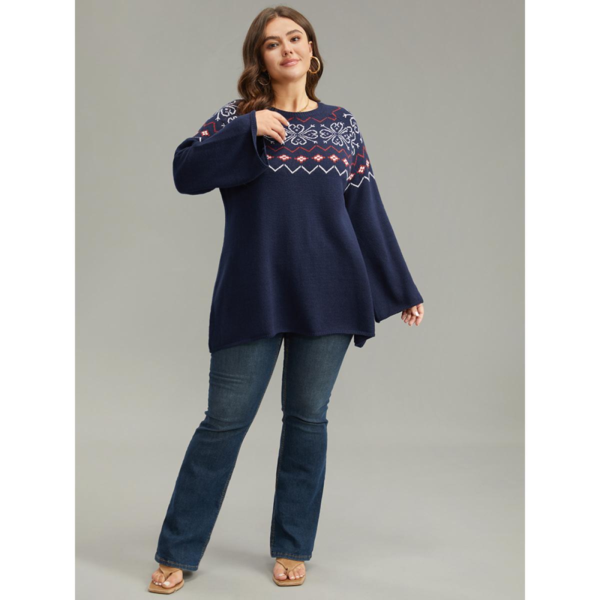 Plus Size Supersoft Essentials Geometric Bell Sleeve Pullover Indigo Women Casual Loose Long Sleeve Round Neck Dailywear Pullovers BloomChic 18-20/2X Product Image