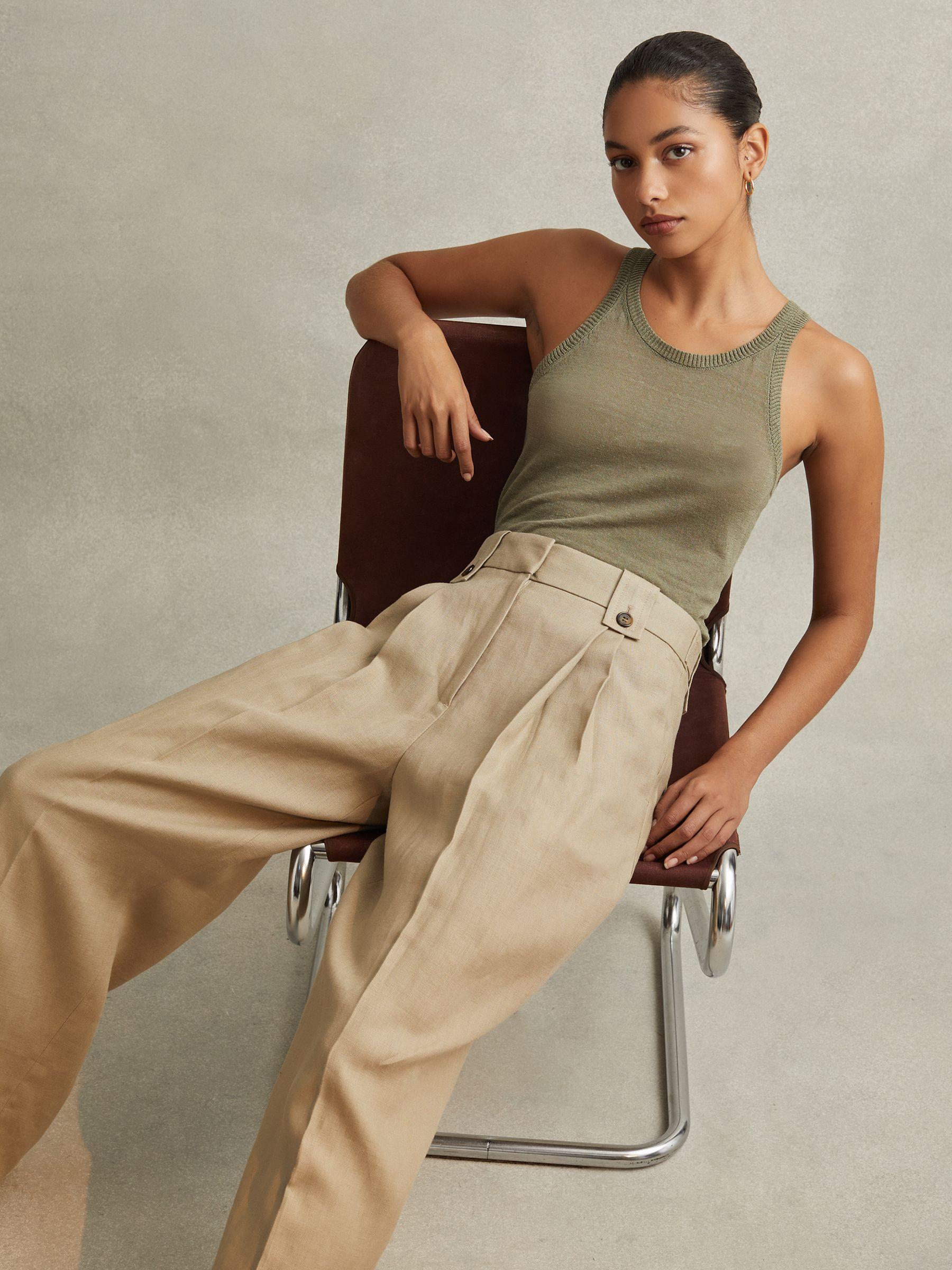 Linen Front Pleat Trousers in Light Khaki Product Image