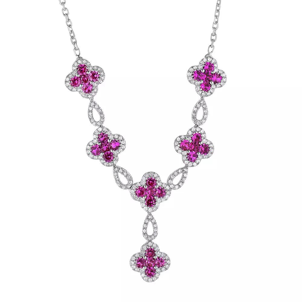 Sterling Silver Lab-Created Ruby & Lab-Created White Sapphire Flower Y Necklace, Women's, Size: 18" Product Image