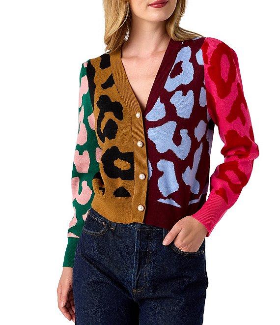 CROSBY by Mollie Burch Jovie Cashmere Blend Intarsia Knit Color Block Leopard V-Neck Long Sleeve Button Front Cardigan Product Image