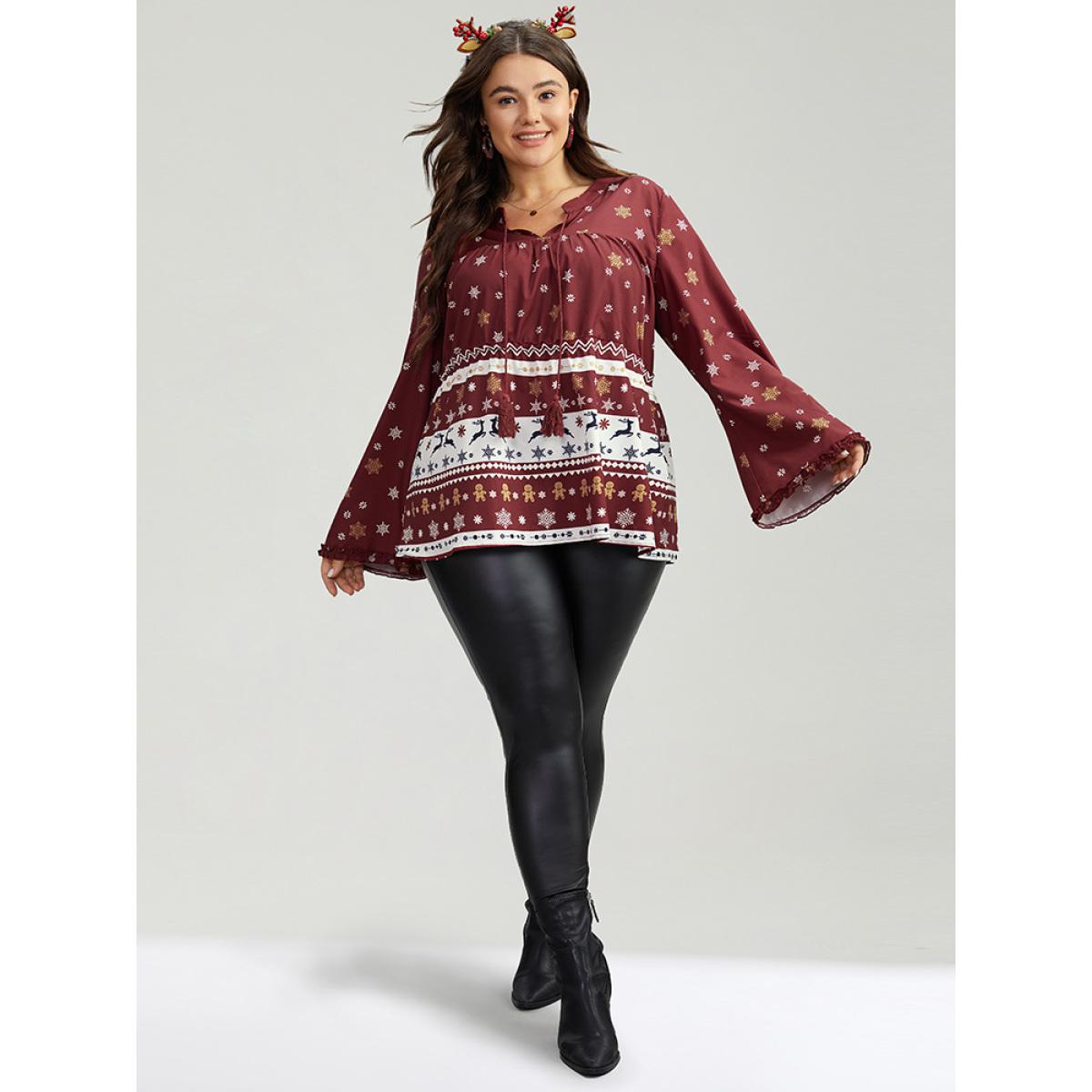 Plus Size Scarlet Christmas Print Tassels Ties Blouse Women Elegant Long Sleeve Tie Neck Festival-Christmas Blouses BloomChic 14-16/1X Product Image