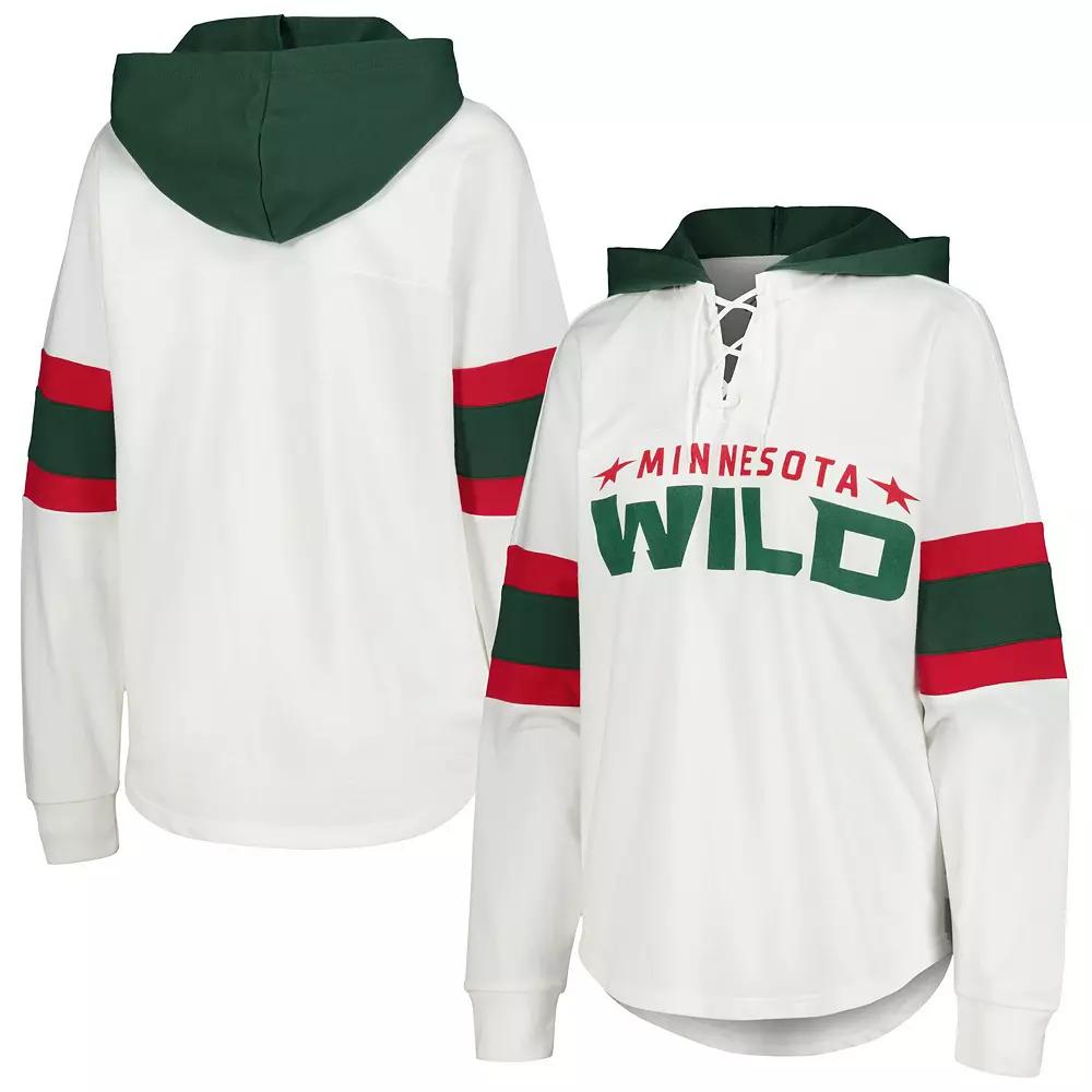 Women's G-III 4Her by Carl Banks White/Green Minnesota Wild Goal Zone Long Sleeve Lace-Up Hoodie T-Shirt,  Product Image