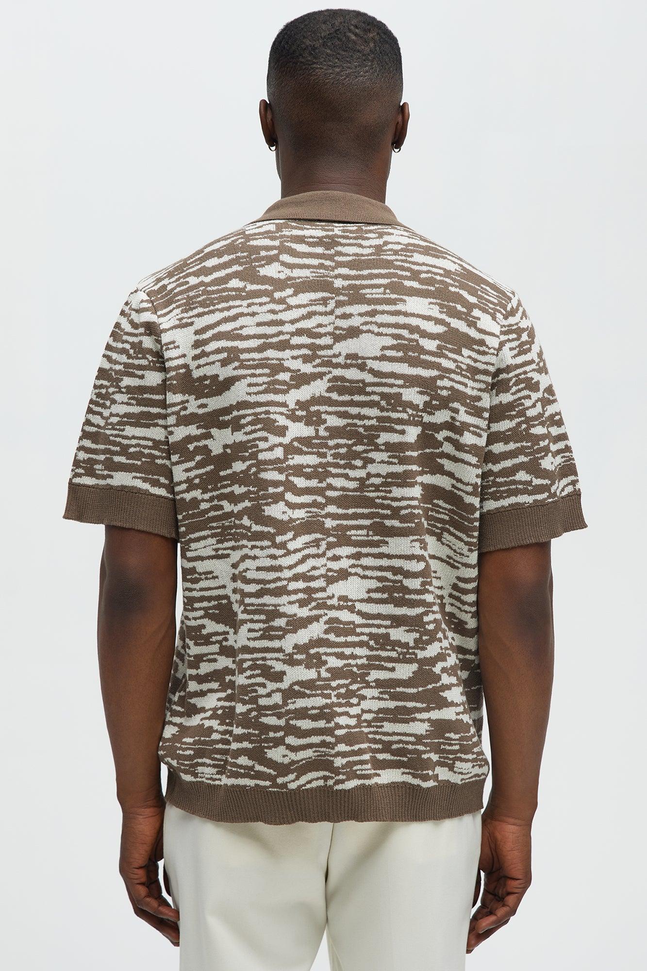 Zebra Pattern Knit Button Down Shirt - Brown Combo Product Image