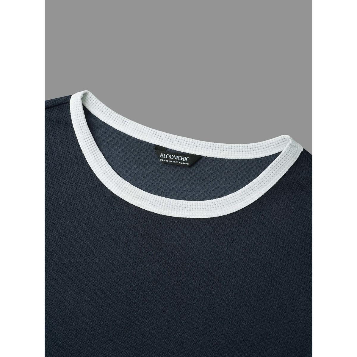 Plus Size Color Contrast Waffle Knit Bell Sleeve T-Shirt Indigo Women Casual Texture Round Neck Everyday T-shirts BloomChic 12/L Product Image