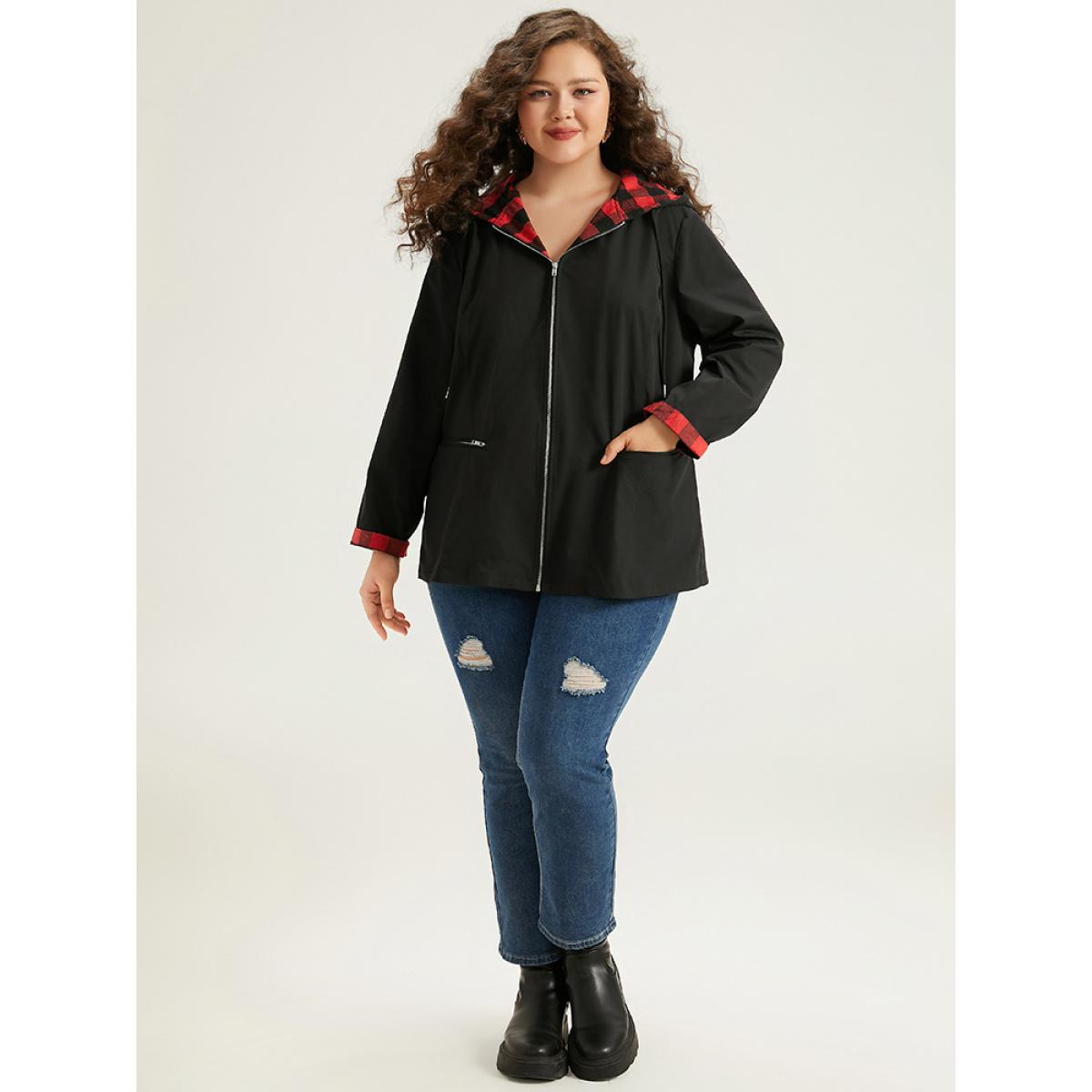 Plus Size Halloween Zipper Drawstring Plaid Contrast Patchwork Jacket Women Black Contrast Pocket Dailywear Jackets BloomChic 10/M Product Image