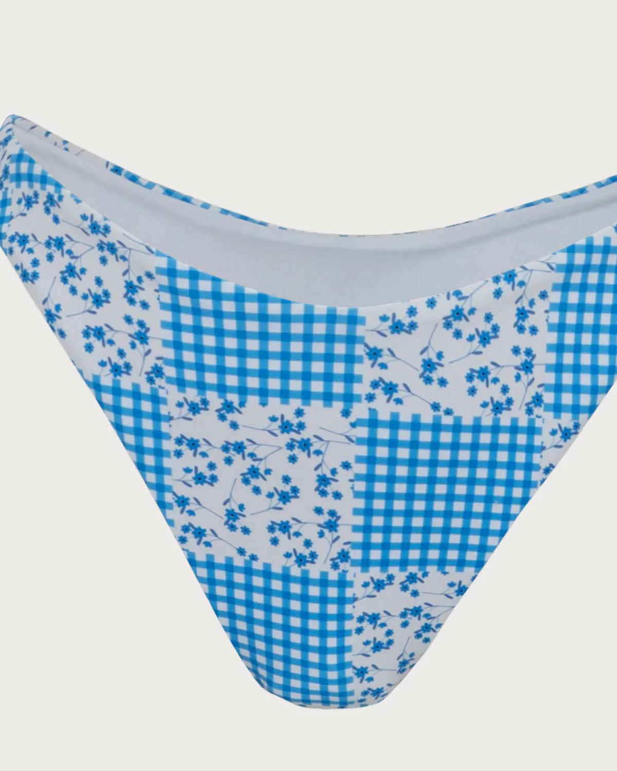 Blue Knitted Plaid Floral Print Twist Bikini Set Product Image