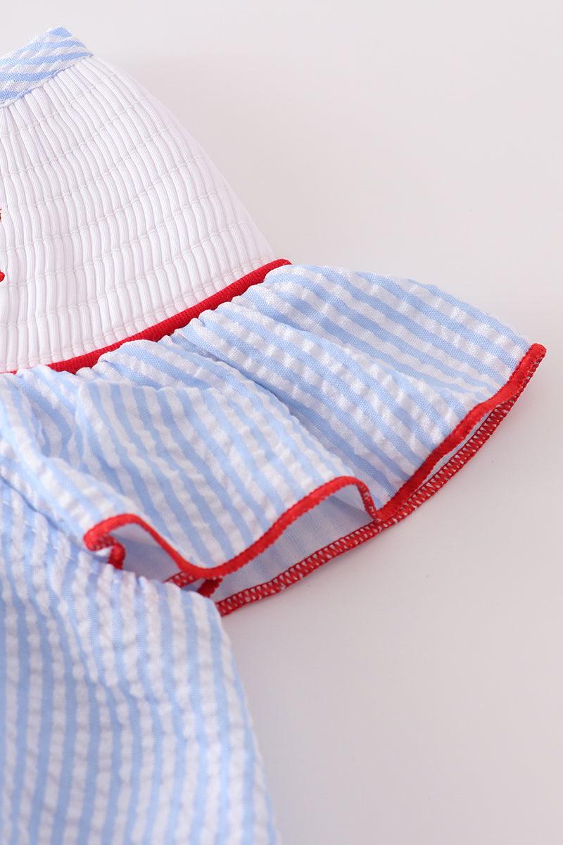 Blue seersucker crab embroidery smocked dress Product Image