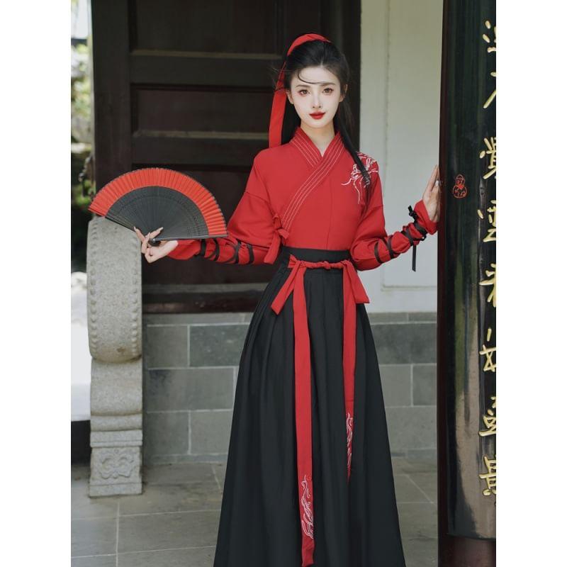 Traditional Chinese Long-Sleeve Embroidered Wrap Top / Short-Sleeve Light Jacket / Head Scarf / High Waist Maxi A-Line Skirt / Wrist Cuff / Set Product Image