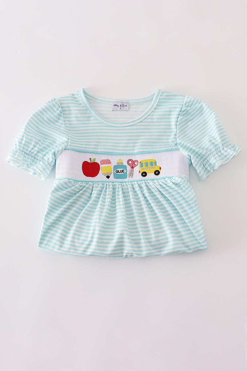 Blue apple pencil bus embroidery smocked shorts set Product Image