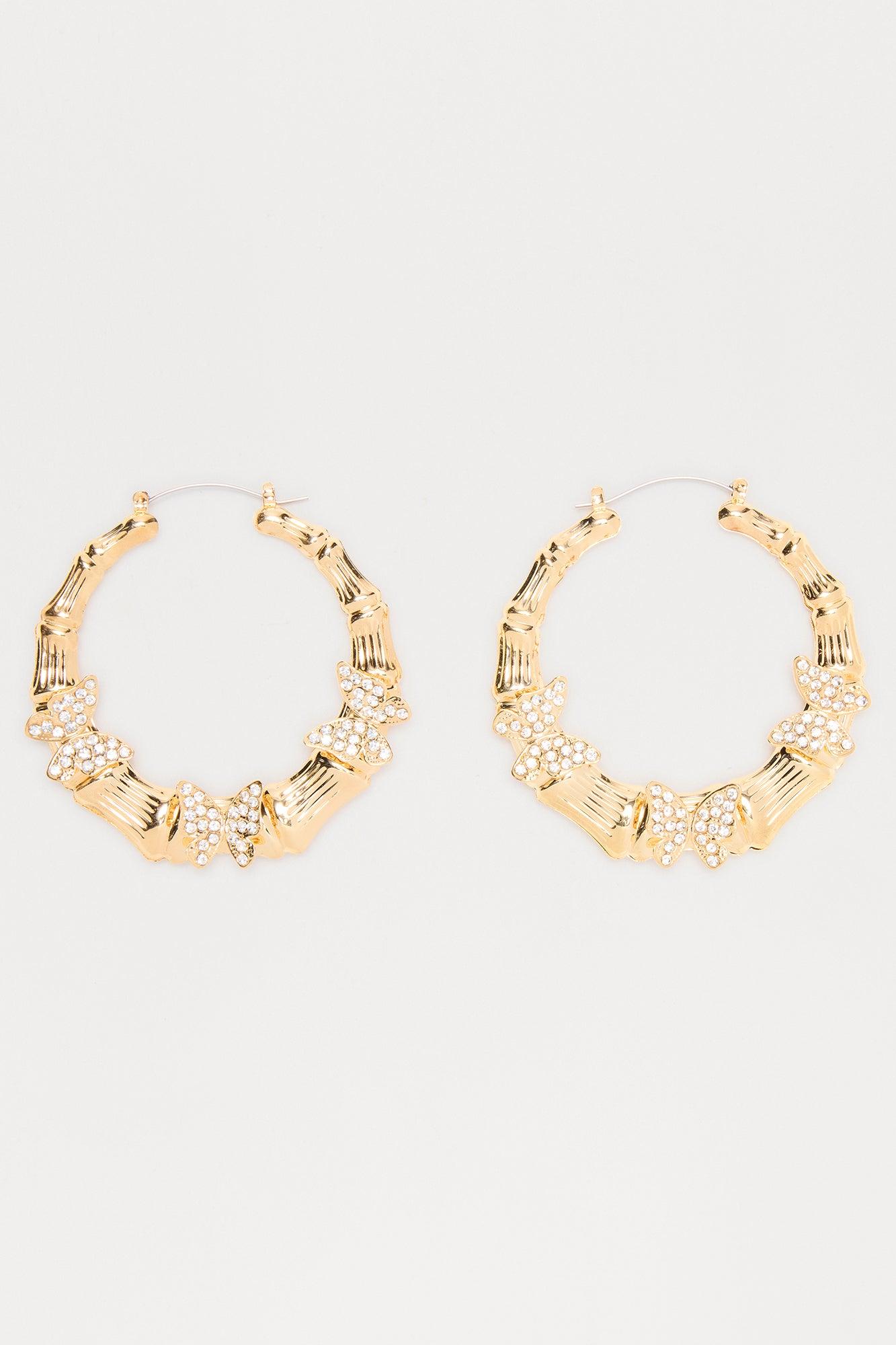 Butterfly Rhinestone Hoop Earrings - Gold Female Product Image