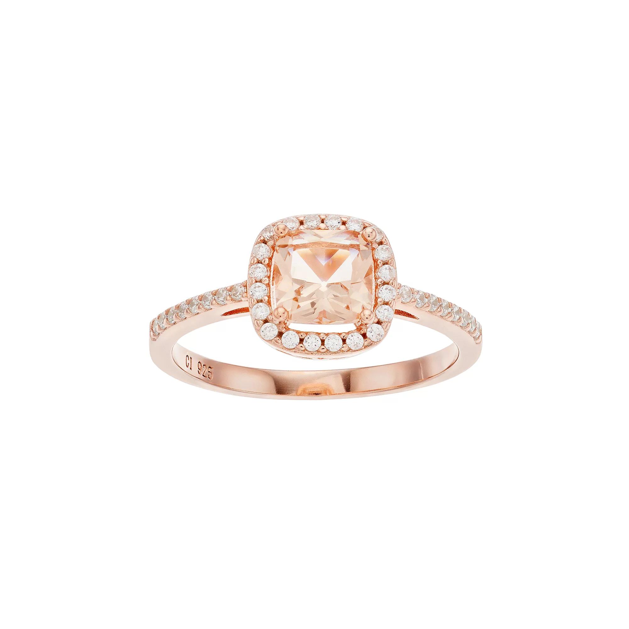 14k Rose Gold Over Silver Simulated Morganite & Cubic Zirconia Square Halo Ring, Women's, Size: 6 Product Image