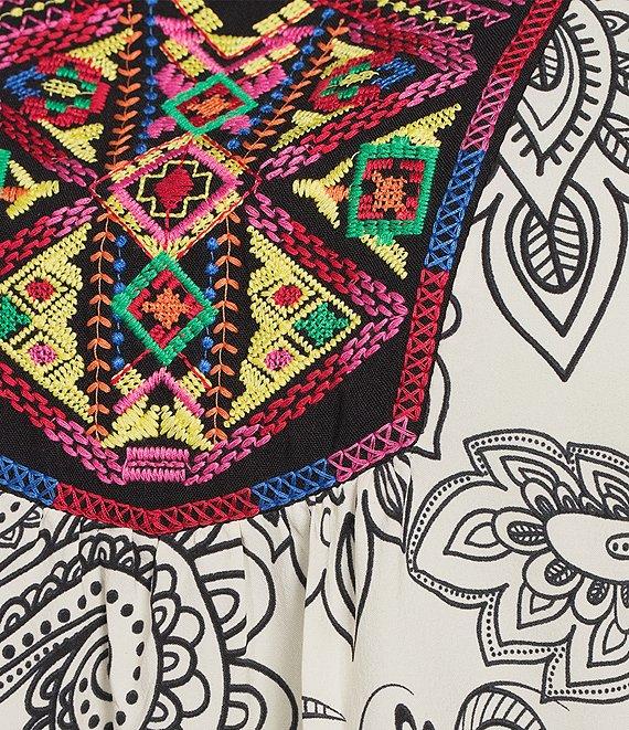 Calessa Plus Size Embroidered Patchwork Print Split V-Neck 3/4 Sleeve Tunic Product Image