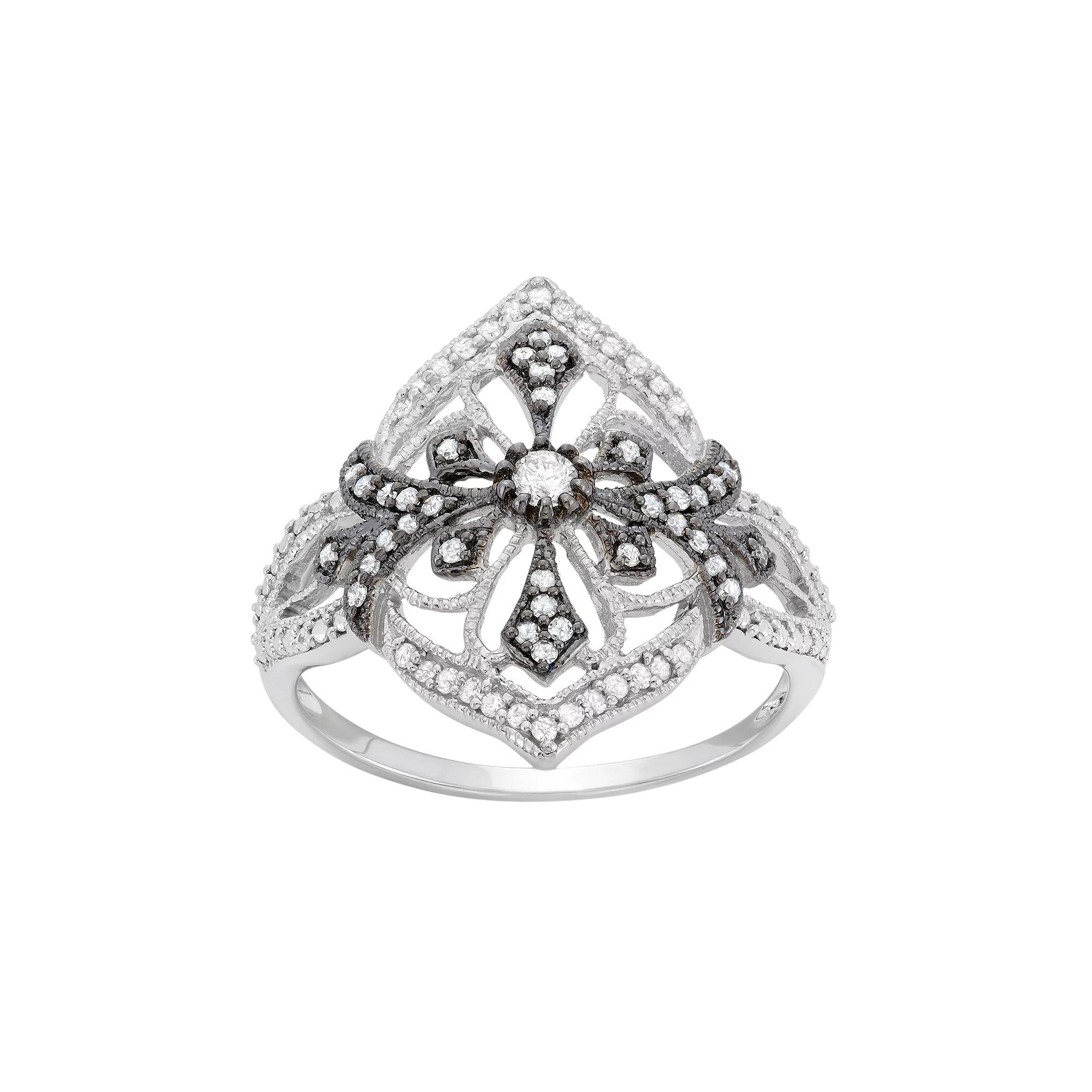 3/8 Carat T.W. Diamond Sterling Silver Flower and Cross Ring, Women's, Size: 7, White Product Image