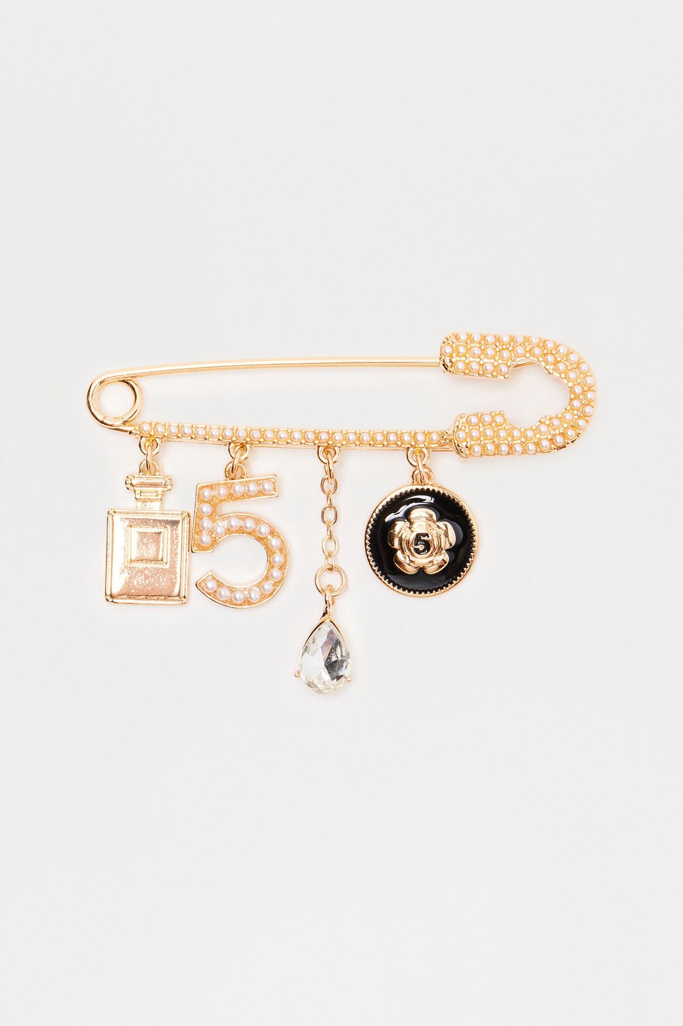 Number Five Floral Embellished Brooch - Gold/Black Product Image