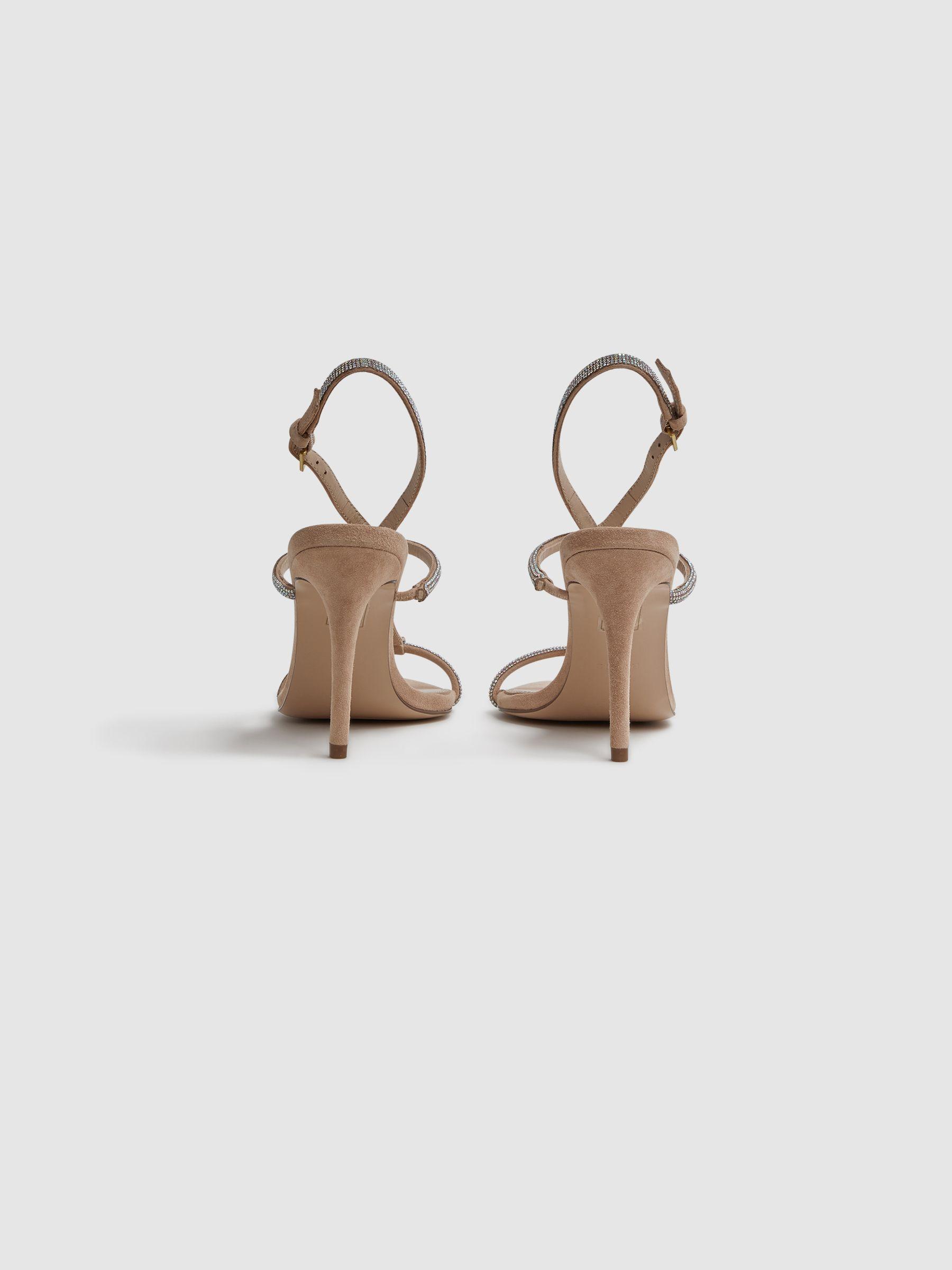 Embellished Suede Heeled Sandals in Nude Product Image