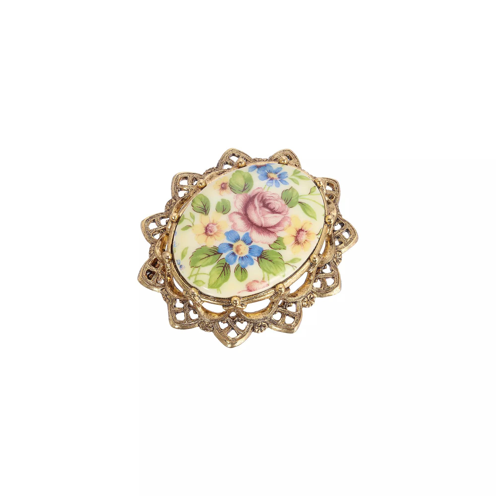 1928 Floral Decal Brooch, Womens, Gold Tone Product Image