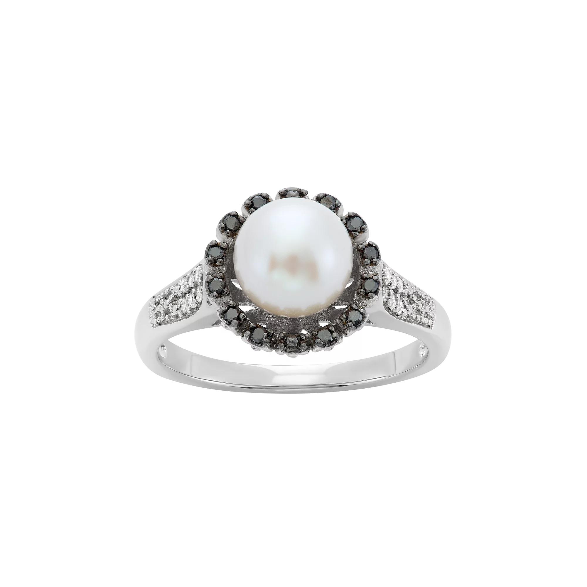 Freshwater Cultured Pearl 18 Carat Black White Diamond Sterling Silver Flower Ring, Women's,  Product Image