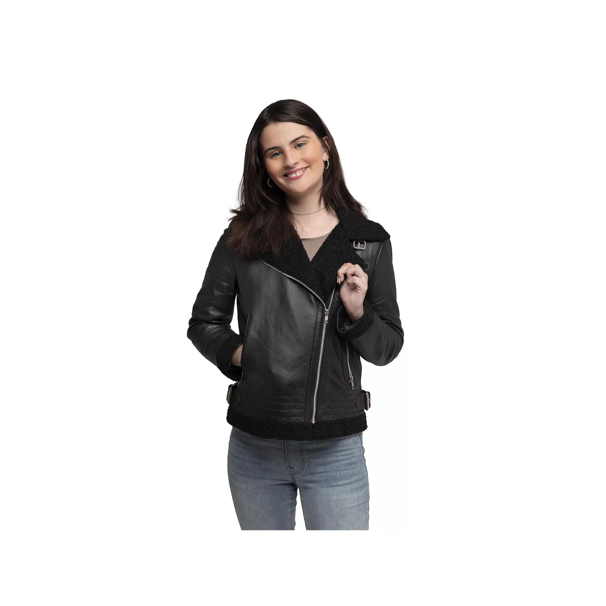 Women's Whet Blu Chelsea Asymmetrical Faux-Fur Lined Lamb Jacket, Size: Large, Black Product Image