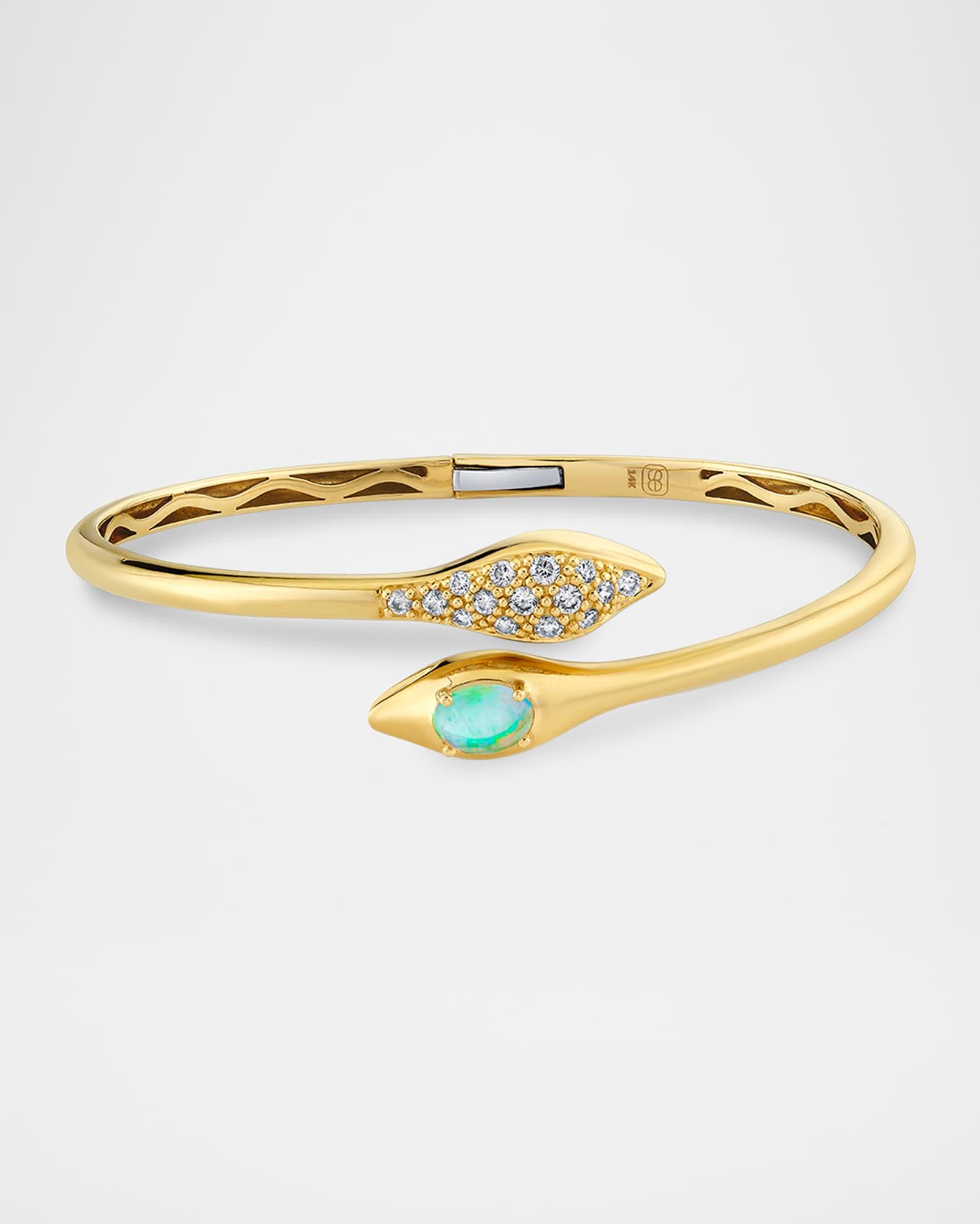 Snake Head Marquis Bangle Bracelet with Diamonds and Opal Product Image