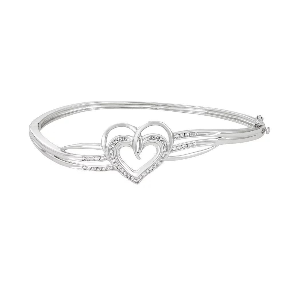 Sterling Silver 1/4 Carat T.W. Diamond Heart Bangle Bracelet, Women's, Size: 7.5" Product Image