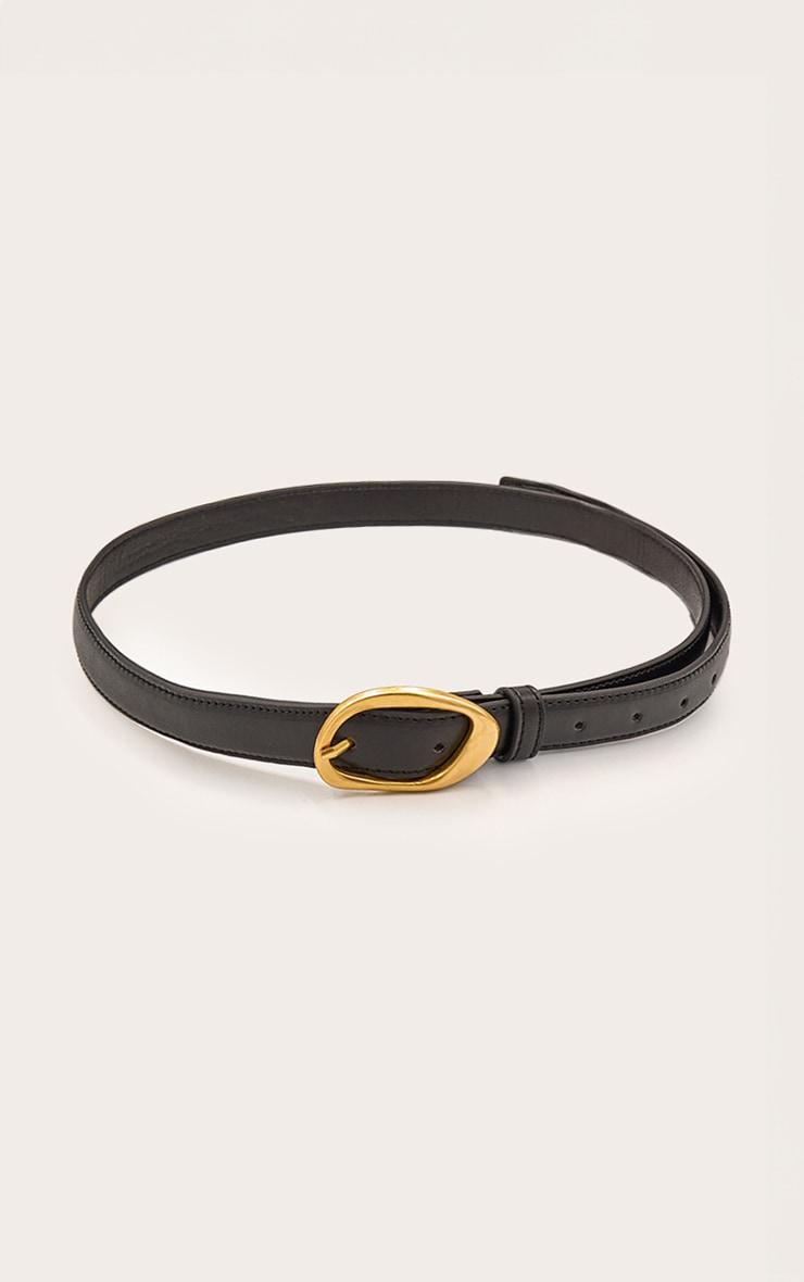 Black Smooth Faux Leather Skinny Belt with Abstract Buckle Detail Product Image