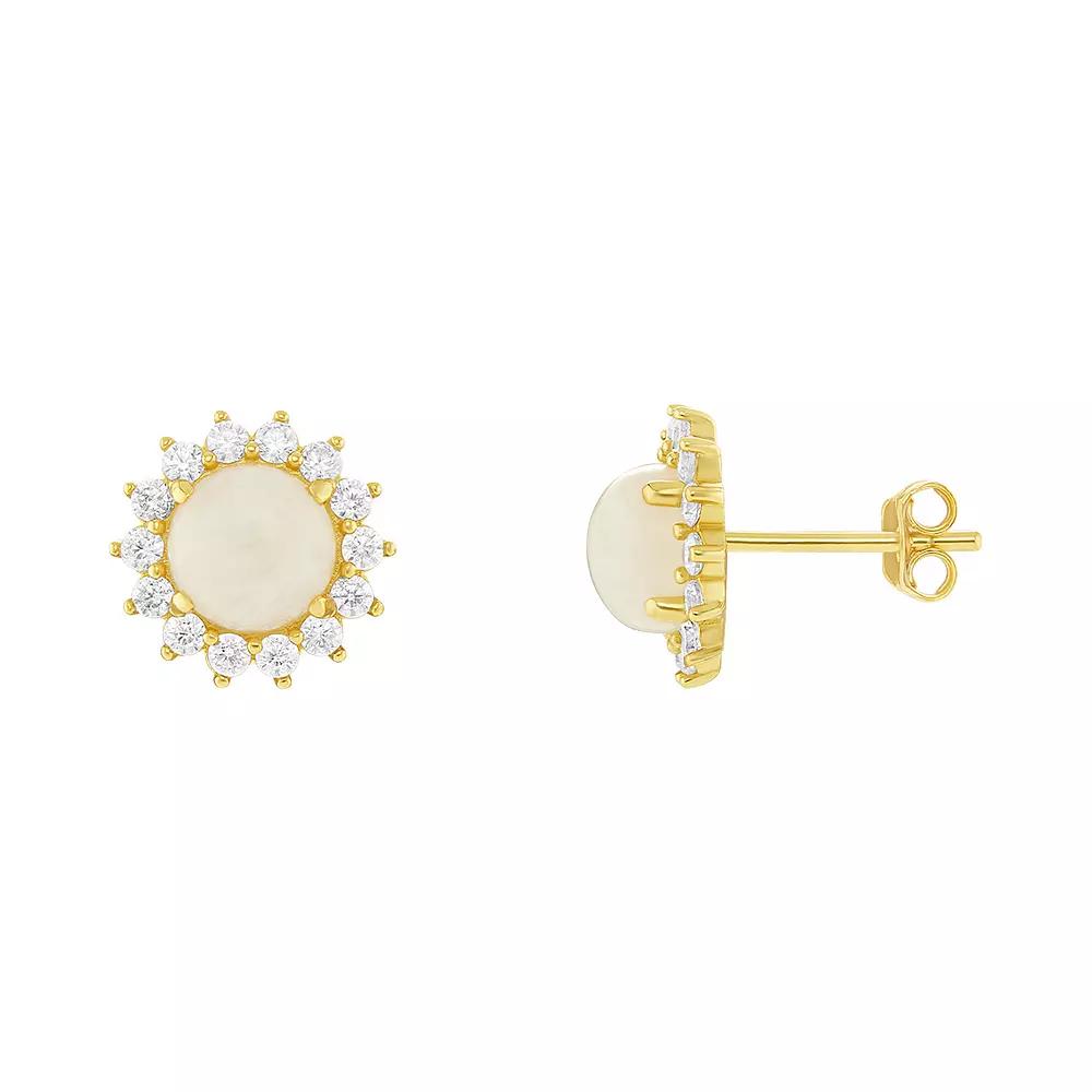 PRIMROSE 18k Gold over Silver Cubic Zirconia & Moonstone Flower Stud Earrings, Women's, Gold Tone White Product Image