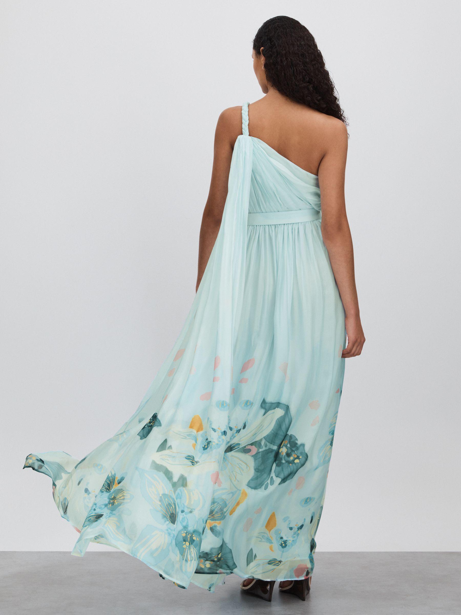 Leo Lin Silk Blend Pleated Asymmetric Maxi Dress in Blue Print Product Image