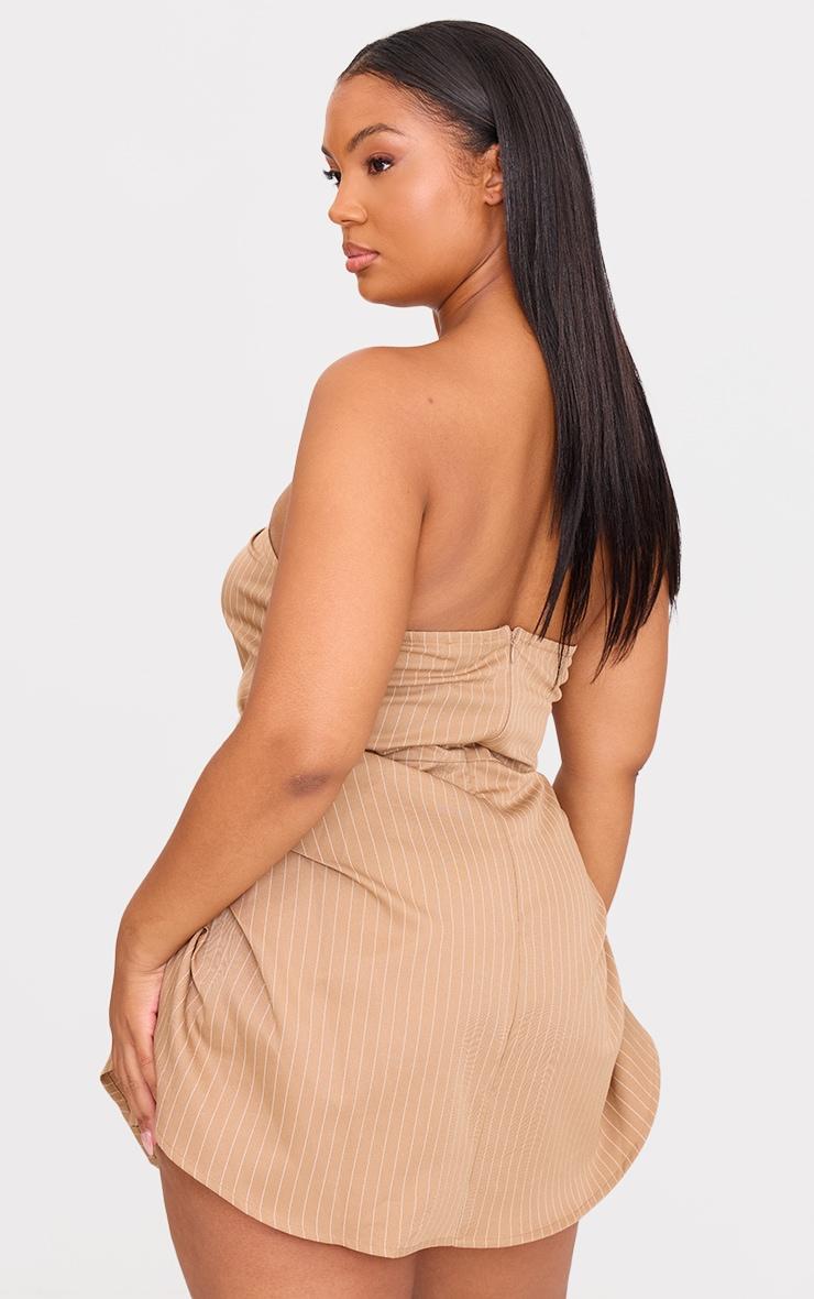 Plus Stone Pinstripe Woven Bandeau Ruched Side Skort Romper Product Image