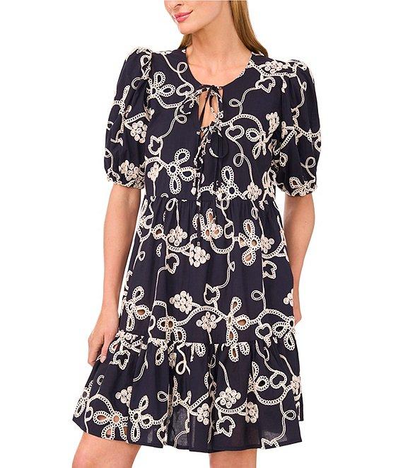 CeCe Woven V-Neck Short Puff Sleeve Floral Embroidered Tiered A-Line Dress Product Image