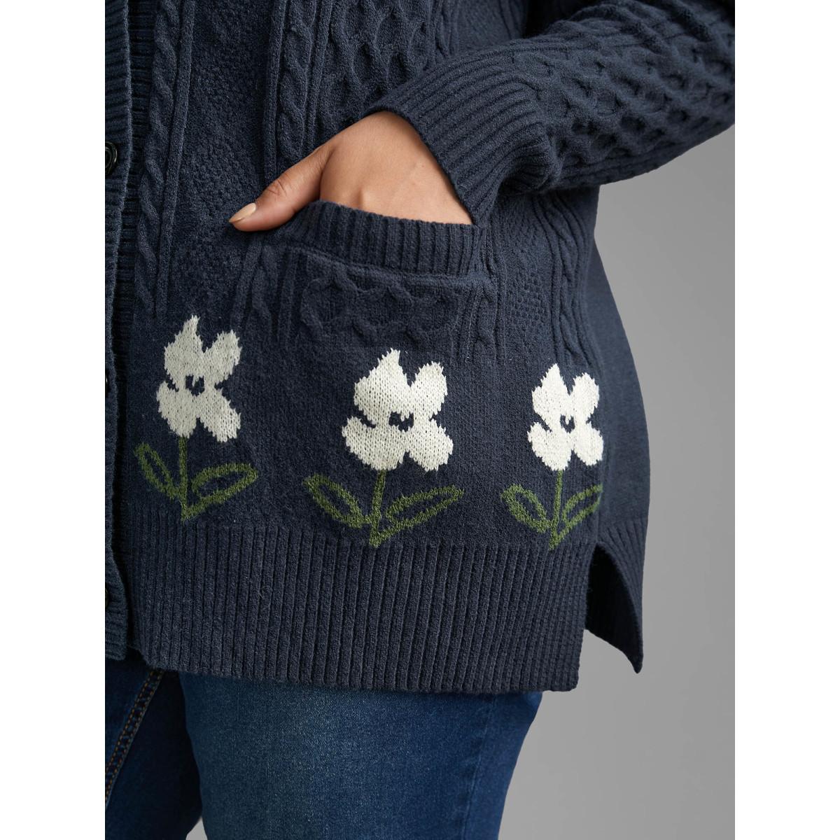 Plus Size Floral Jacquard Cable Knit Pocket Cardigan Indigo Women Casual Loose Long Sleeve Everyday Cardigans BloomChic 14-16/1X Product Image