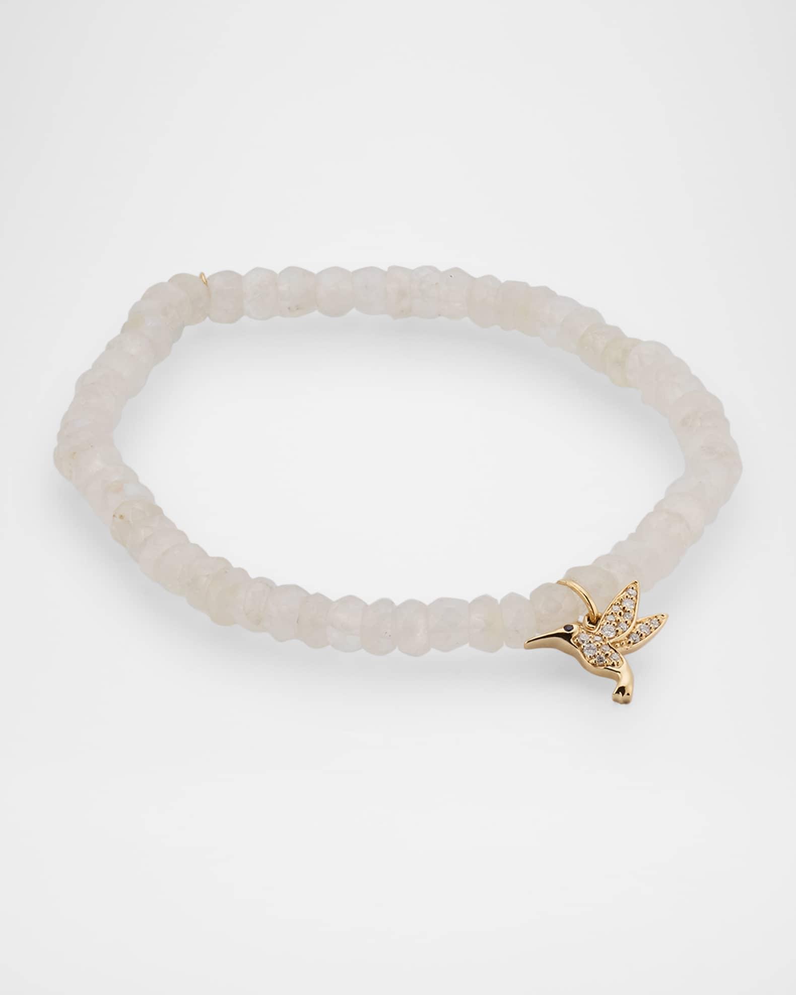 14K Gold Hummingbird Charm on Rainbow Moonstone Beaded Bracelet Product Image