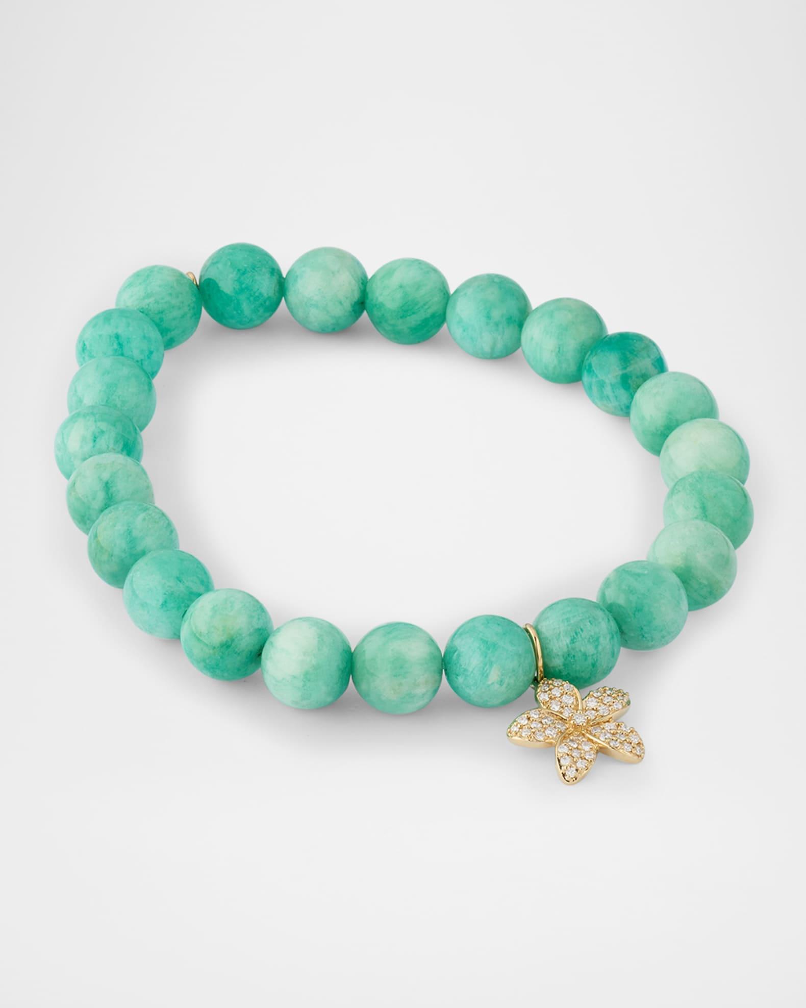 14K Yellow Gold Plumeria Charm and Russian Amazonite Bead Bracelet Product Image