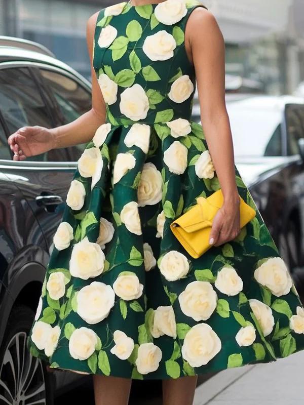 A-Line High Waisted Flower Print Pleated Round-Neck Midi Dresses Product Image