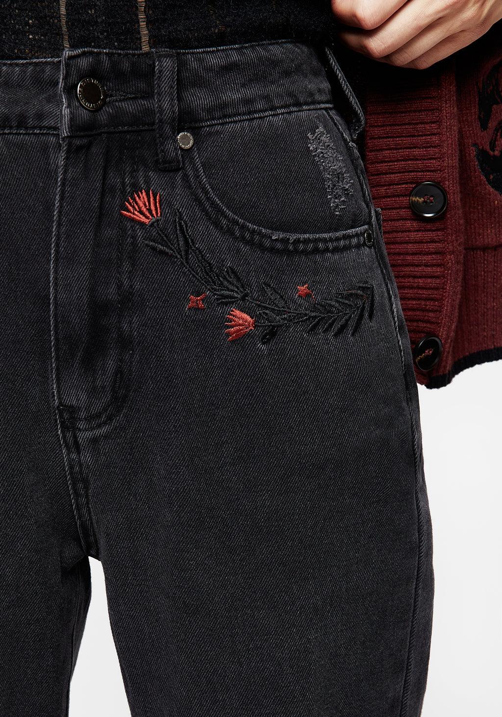 Foxfire Embroidered Distressed Mom Jeans Product Image