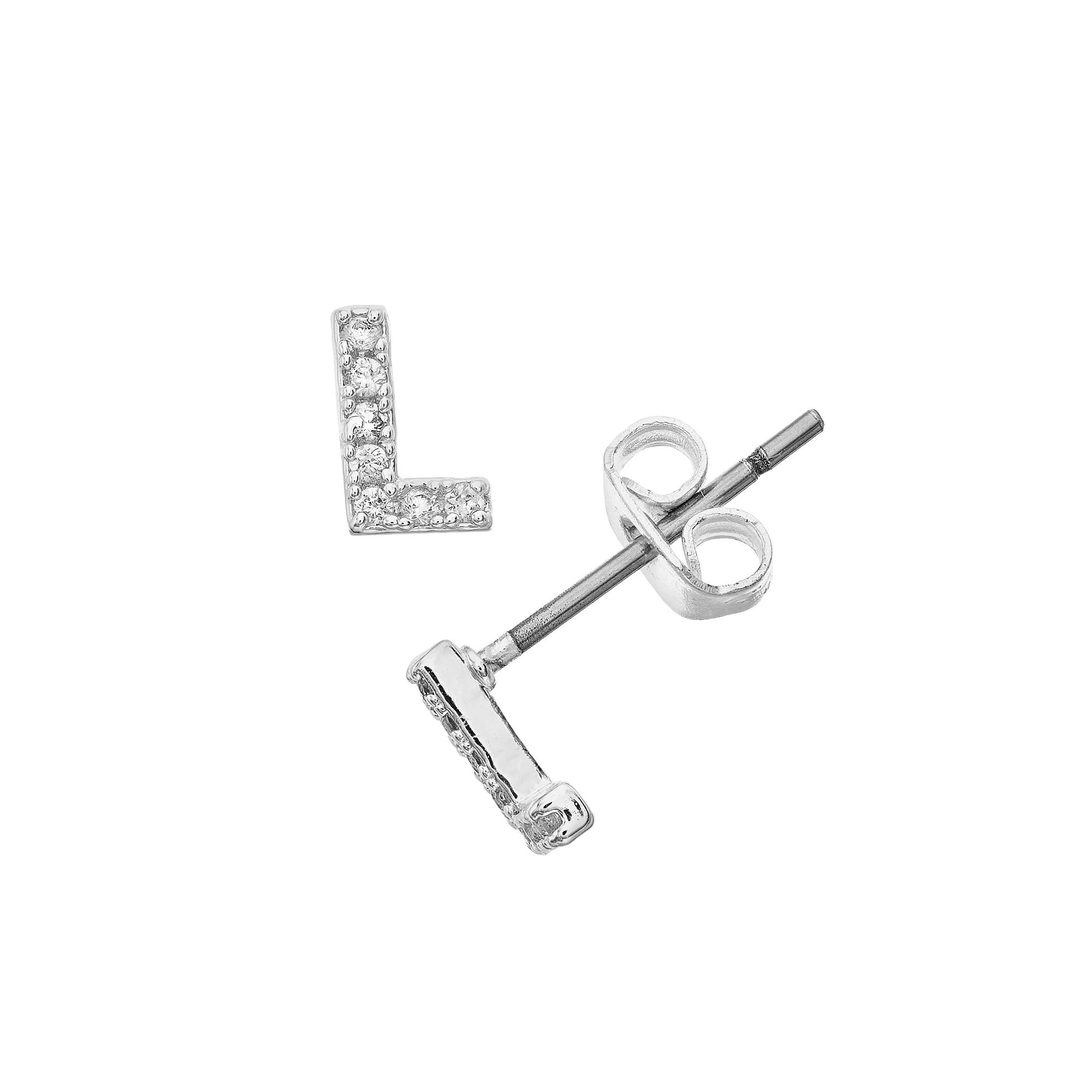 City Luxe Silver Tone Cubic Zirconia Pave Initial Stud Earrings, Women's, Silver Tone L Product Image