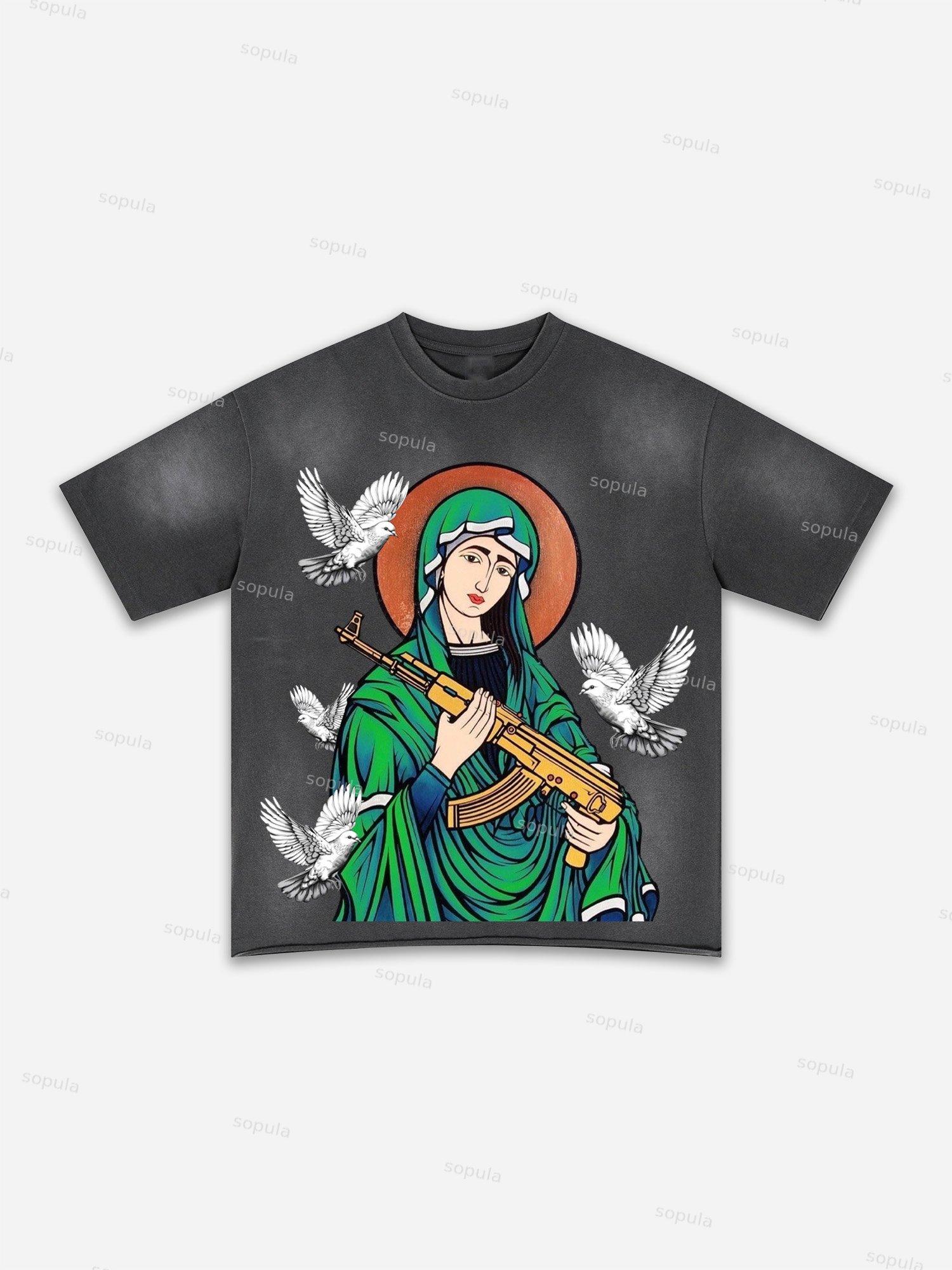 Authentic Abstract Portrait Print Washed T-shirt Product Image