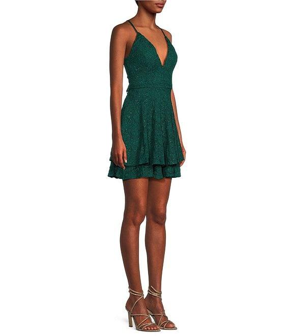 Honey and Rosie Lace Bra Back Double Hem Glittered Lace Fit & Flare Dress Product Image