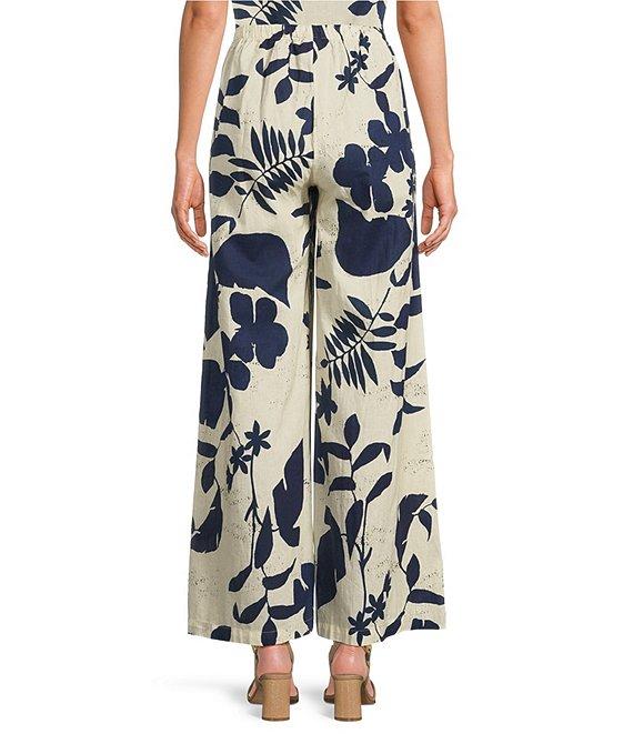 Bryn Walker Foglie Print Flat Front Linen Blend Elastic Waist Wide Full Leg Coordinating Pants Product Image