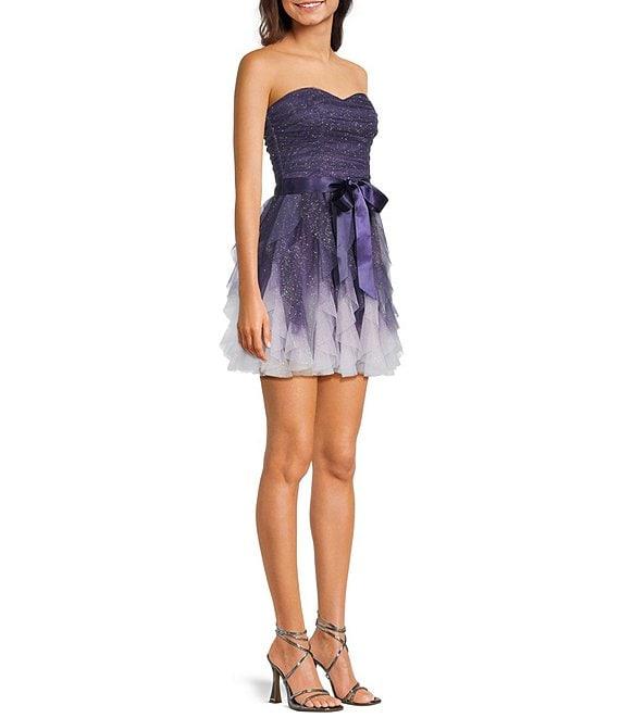 Pear Culture Strapless Waist Tie Glitter Ombre Mesh Corkscrew Fit & Flare Dress Product Image