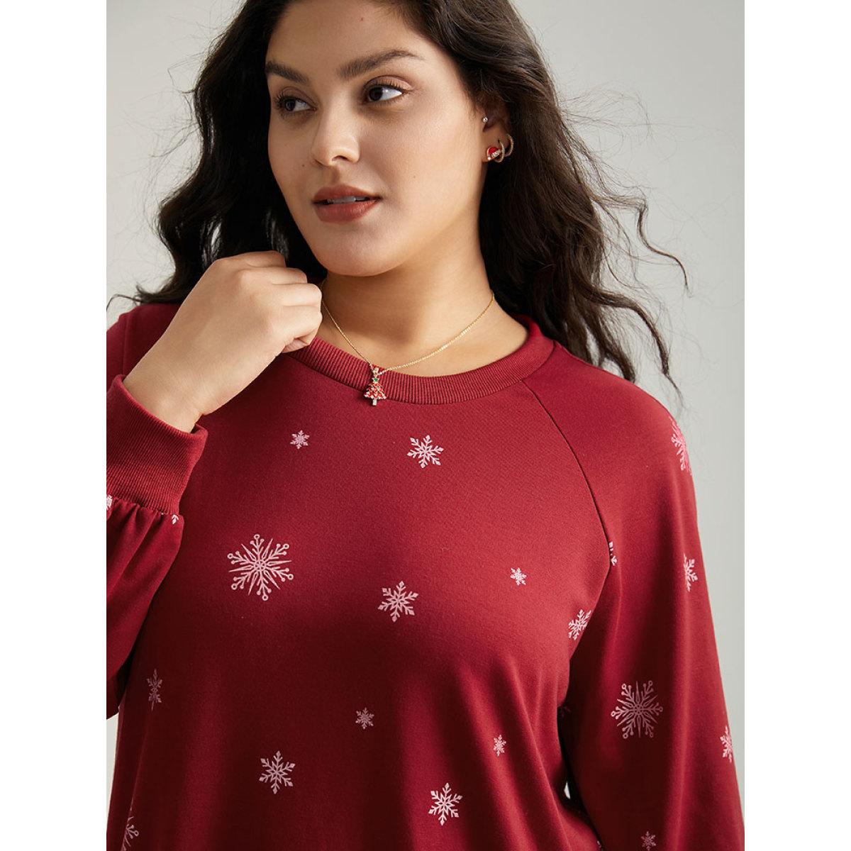 Plus Size Snowflake Print Raglan Sleeve Sweatshirt Women Red Casual Elastic cuffs Round Neck Festival-Christmas Sweatshirts BloomChic 10/M Product Image