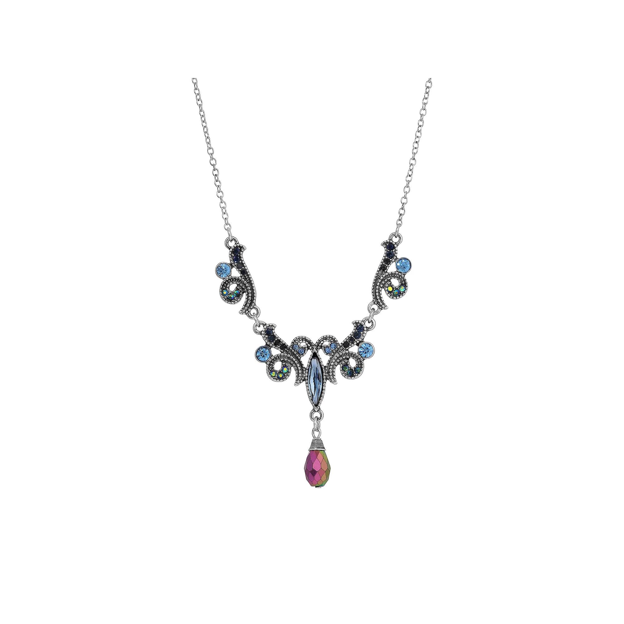 1928 Silver Tone Glass Stone Drop Necklace, Womens, Blue Product Image