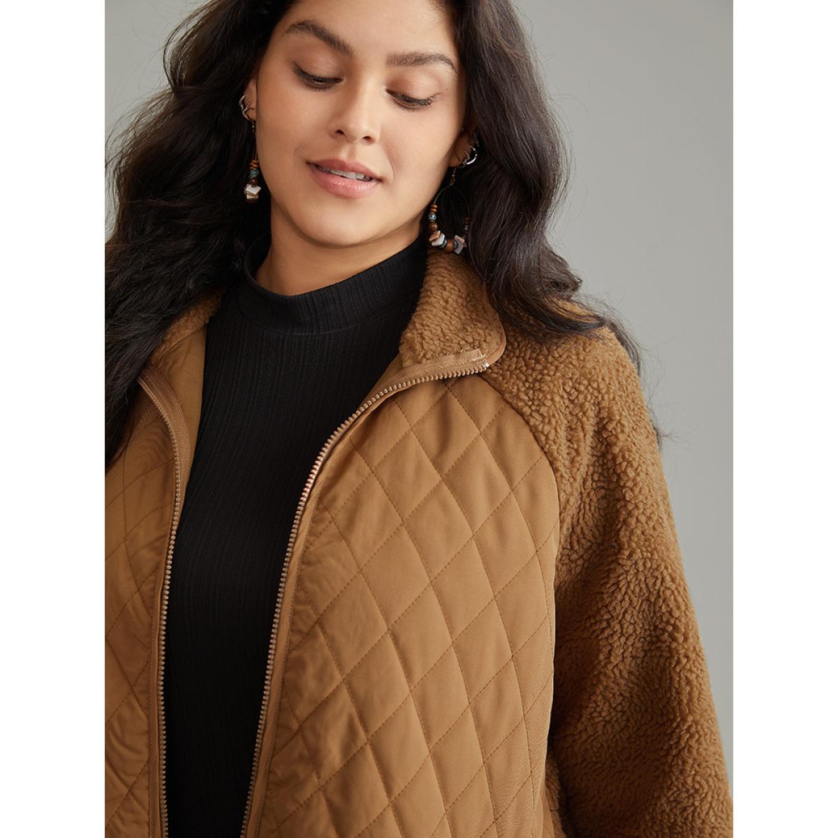 Plus Size Fuzzy Raglan Sleeve Quilted Zipper Fly Jacket Women Chocolate Casual Texture Ladies Dailywear Winter Coats BloomChic 12/L Product Image