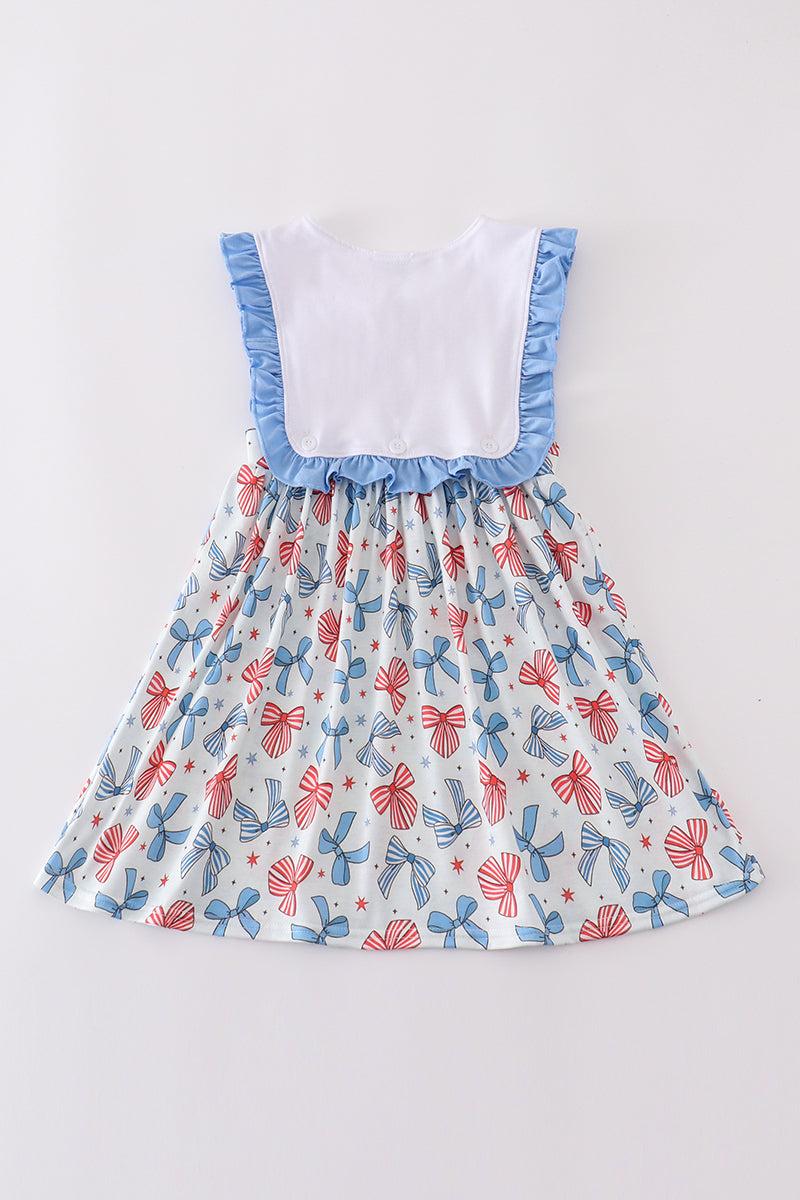 Bow trellis print embroidery ruffle dress Product Image