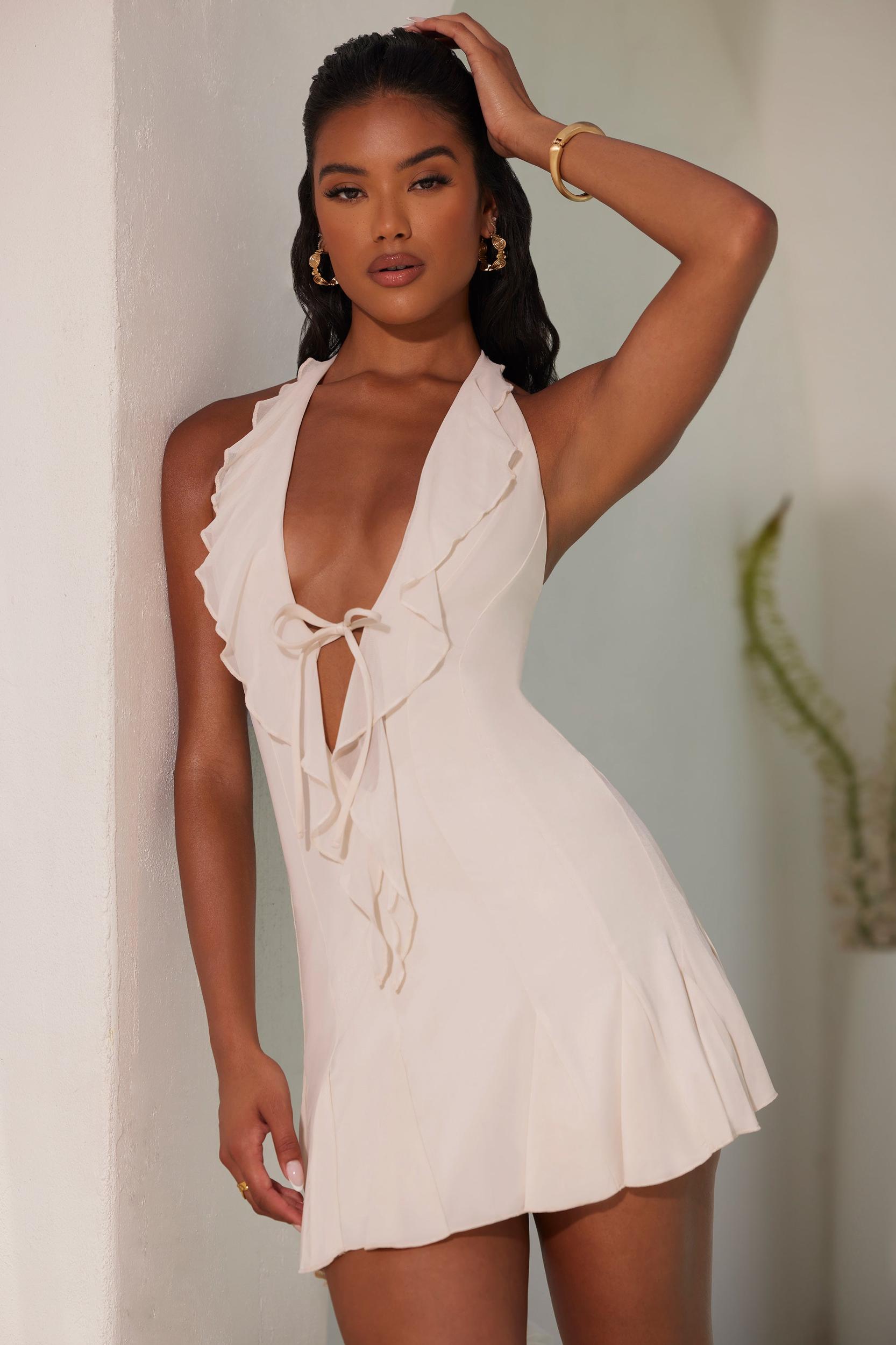 Halter Neck Ruffle A-Line Mini Dress in Ivory Product Image