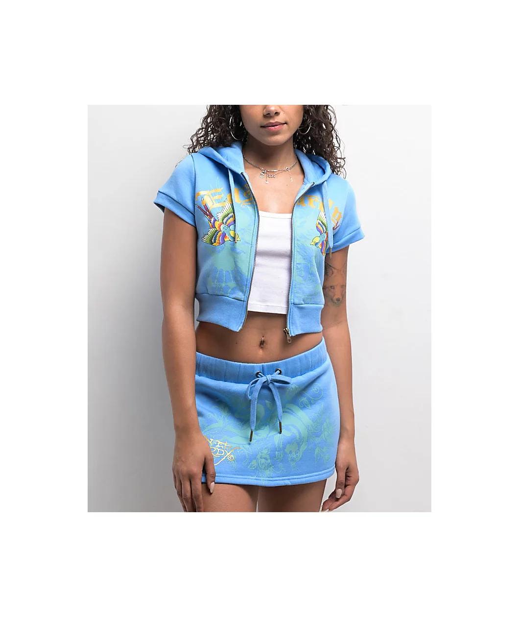 Ed Hardy Swallows Sky Blue Short Sleeve Crop Zip Hoodie Product Image