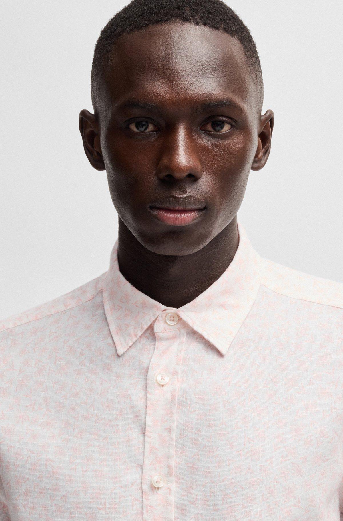 BOSS - Slim-fit shirt in floral-print stretch linen - light pink Product Image