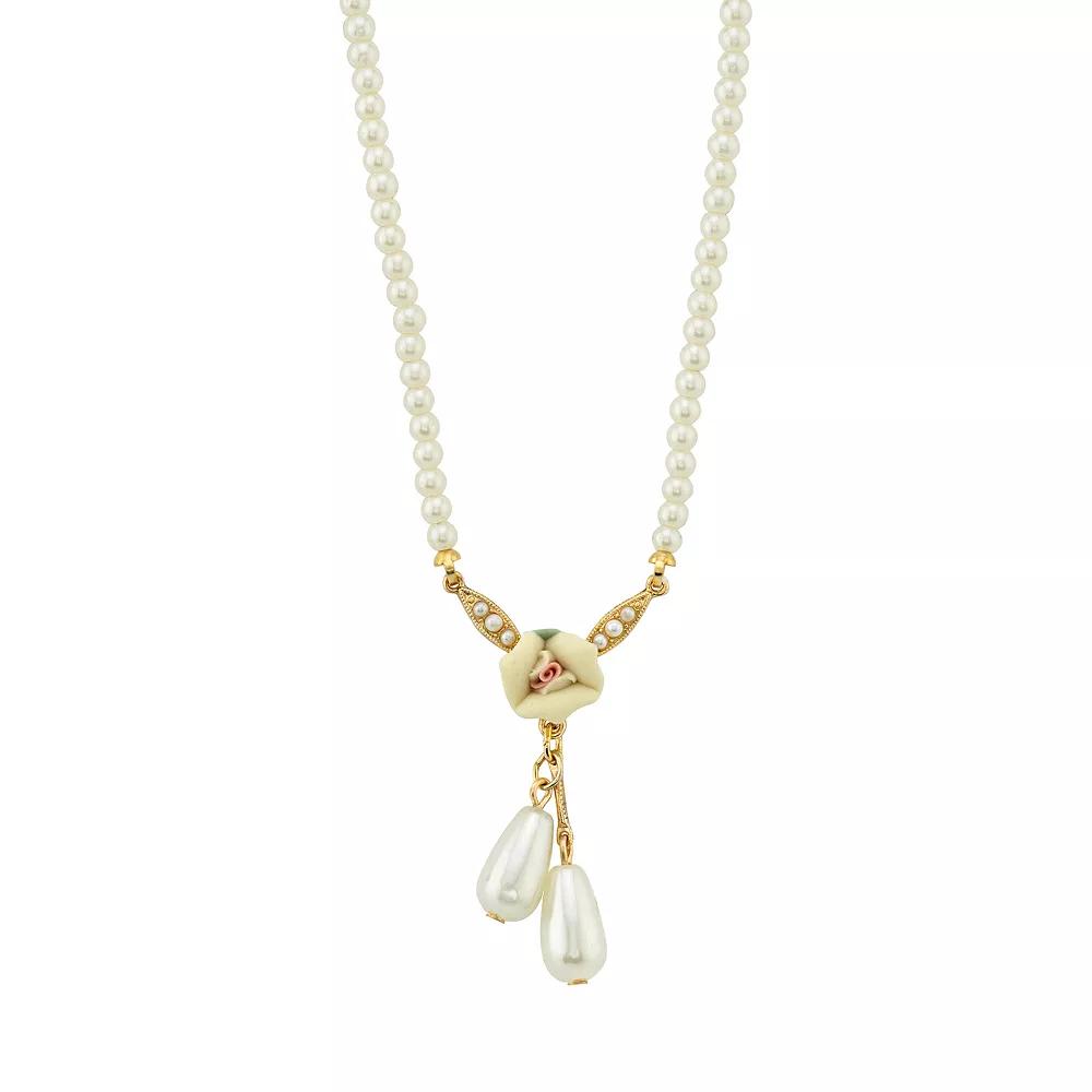 1928 Gold Tone Porcelain Rose and Faux Pearl Drop Necklace, Women's, White Product Image