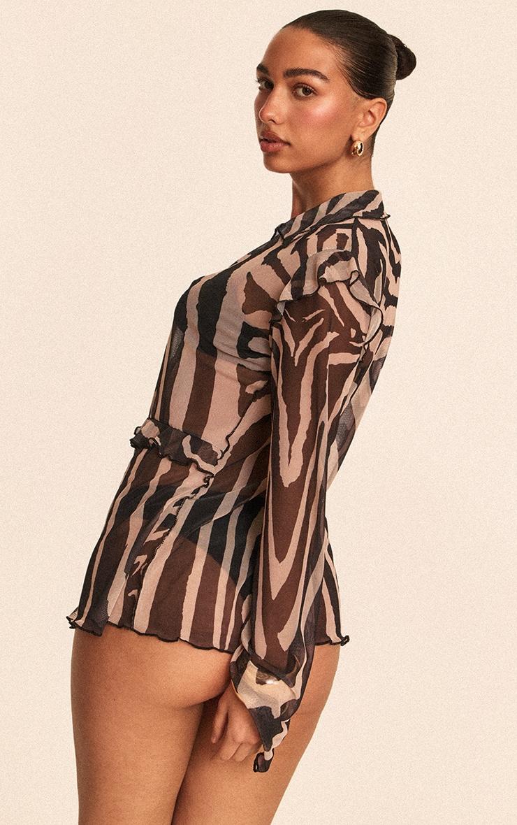 Black Zebra Printed Mesh Frilly Tie Front Beach Top Product Image